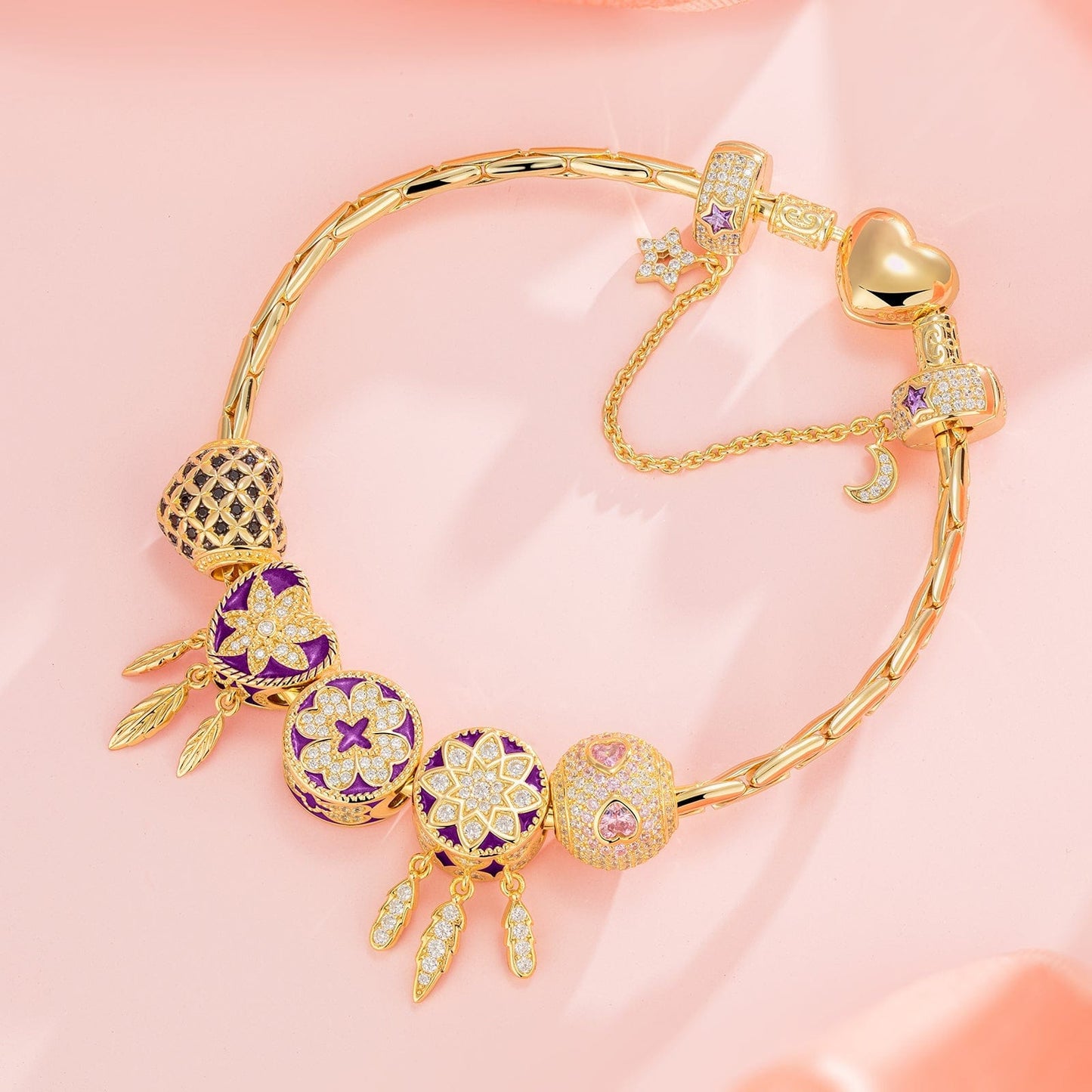 Sterling Silver Heart Bamboo Chain Bracelet In 14 Gold Plated