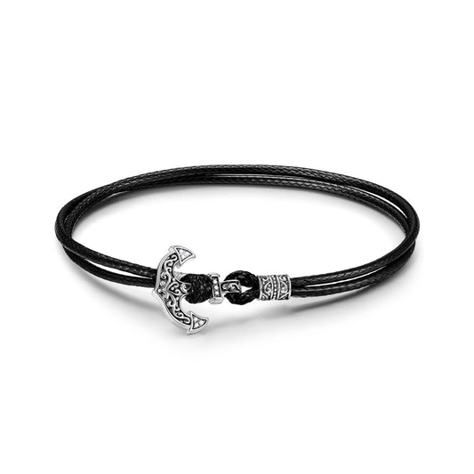 gon- Sterling Silver Leather Anchor Bracelet In Blackened 925 Sterling Silver Plated