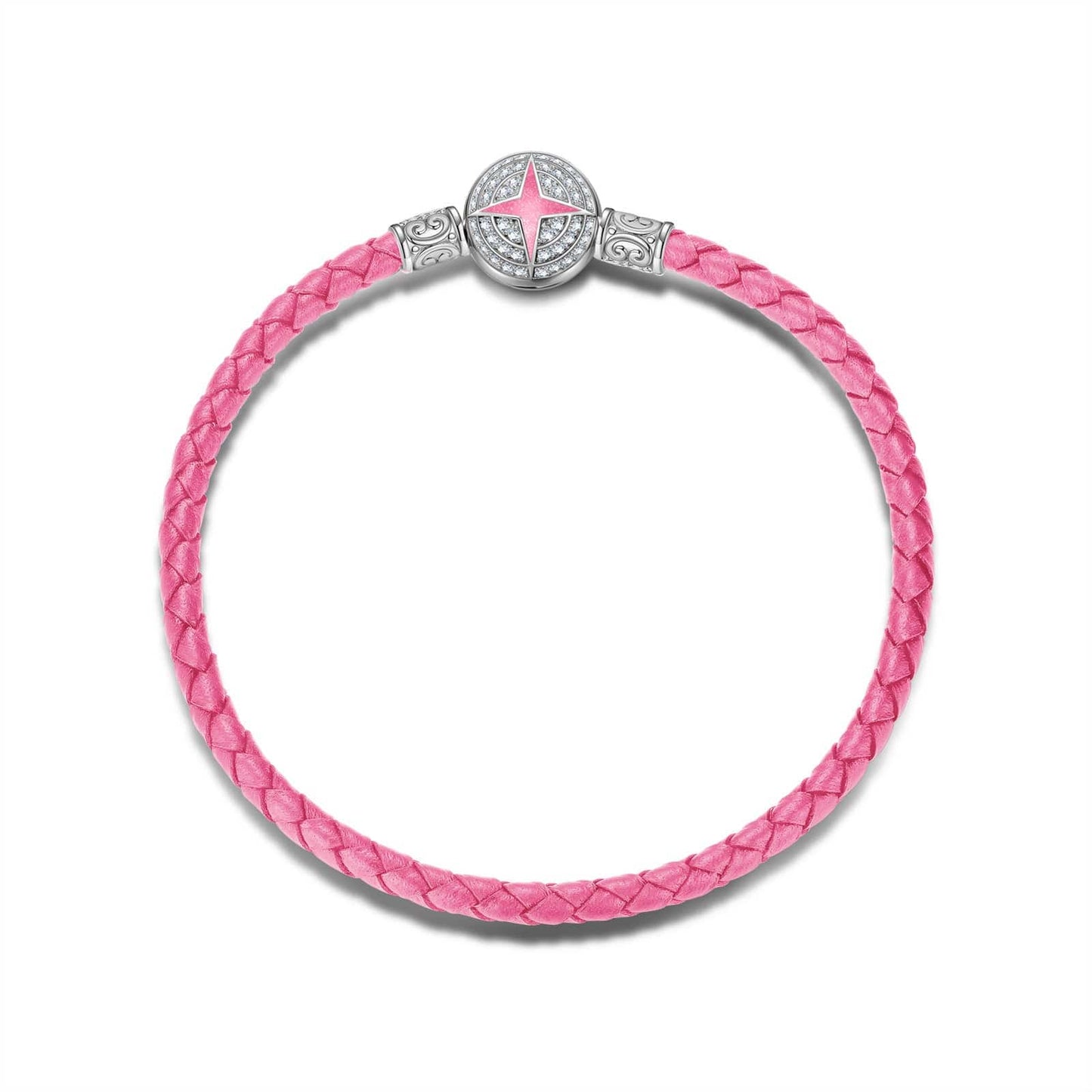 Sterling Silver Universal Polaris Pink Leather Bracelet With Enamel In White Gold Plated