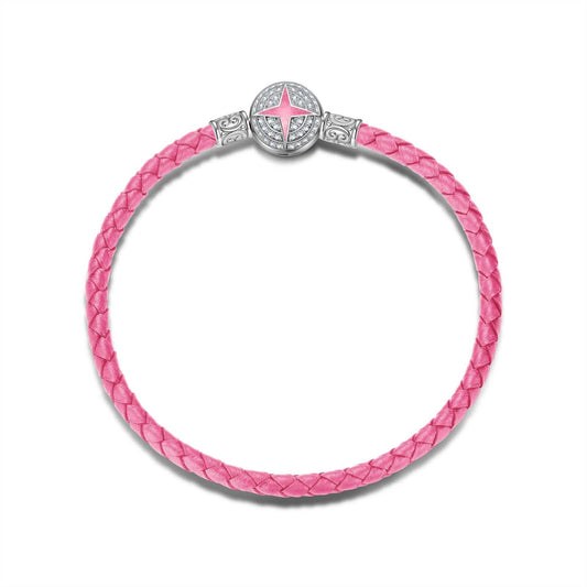 gon- Sterling Silver Universal Polaris Pink Leather Bracelet With Enamel In White Gold Plated