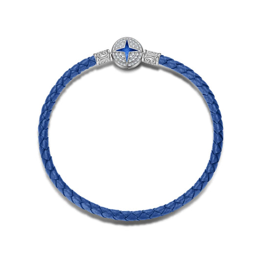 gon- Sterling Silver Universal Polaris Blue Leather Bracelet With Enamel In White Gold Plated