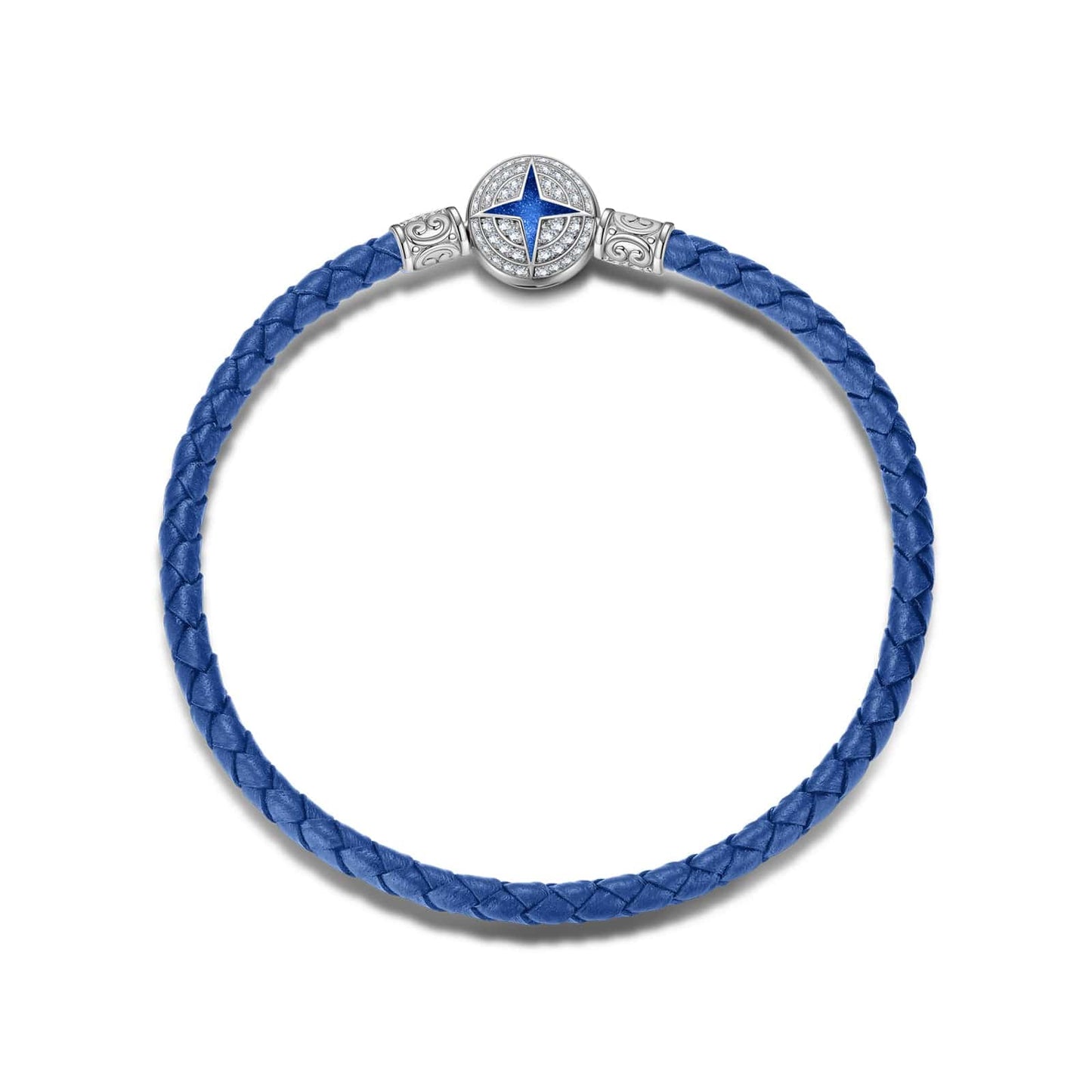 Sterling Silver Universal Polaris Blue Leather Bracelet With Enamel In White Gold Plated