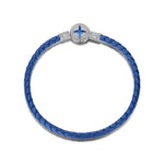 Sterling Silver Universal Polaris Blue Leather Bracelet With Enamel In White Gold Plated