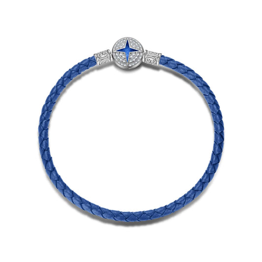 gona- Sterling Silver Universal Polaris Blue Leather Bracelet With Enamel In White Gold Plated