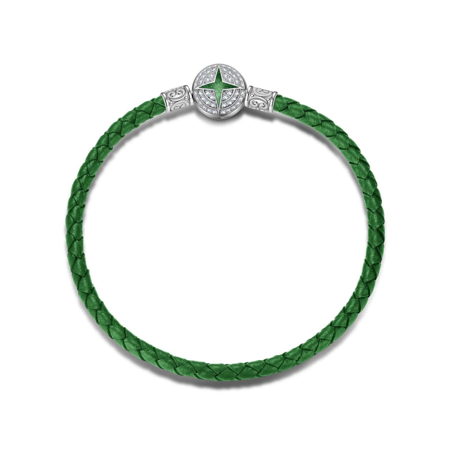 Sterling Silver Universal Polaris Green Leather Bracelet In White Gold Plated