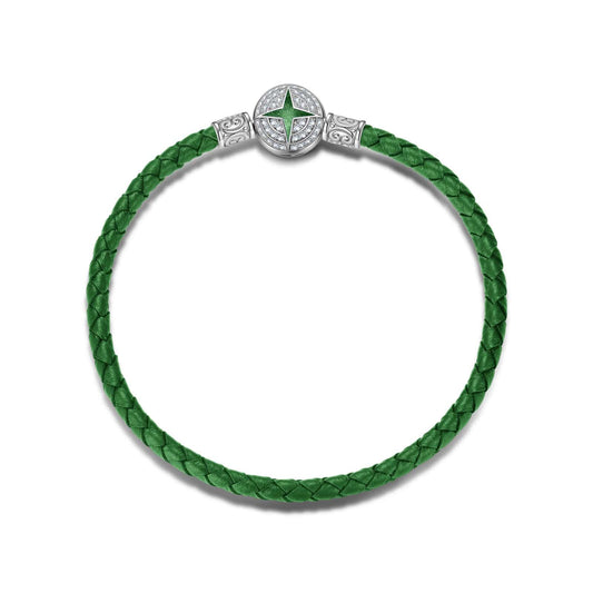 gon- Sterling Silver Universal Polaris Green Leather Bracelet With Enamel In White Gold Plated