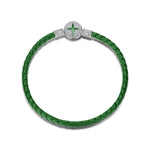 Sterling Silver Universal Polaris Green Leather Bracelet With Enamel In White Gold Plated