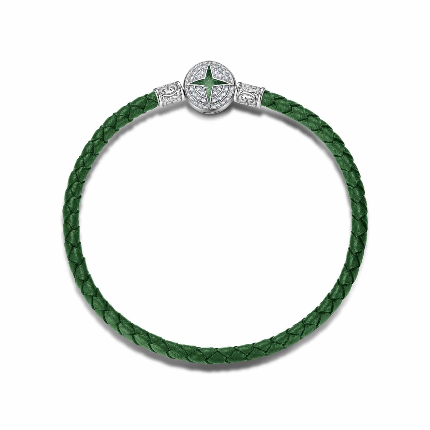 Sterling Silver Universal Polaris Green Leather Bracelet With Enamel In White Gold Plated