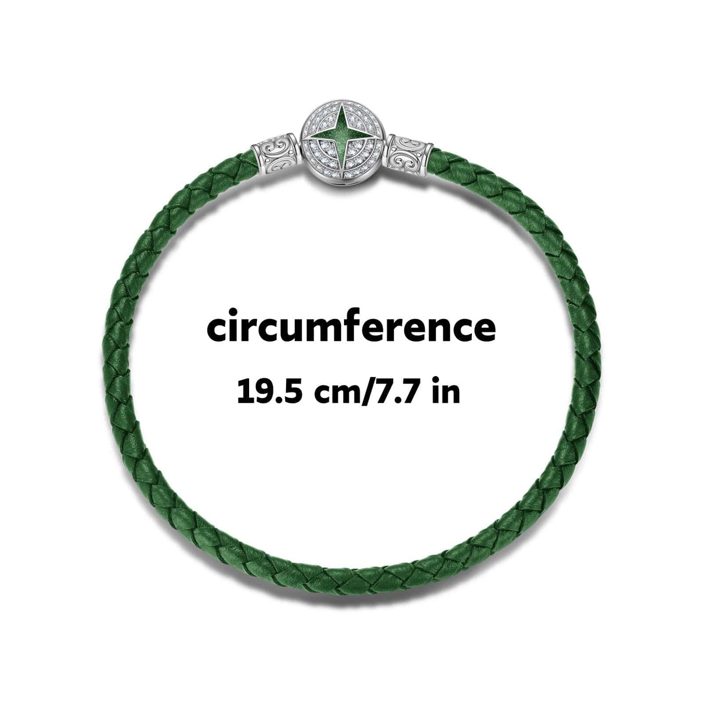 Sterling Silver Universal Polaris Green Leather Bracelet With Enamel In White Gold Plated