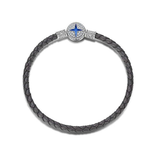 gon- Sterling Silver Universal Polaris Grey Leather Bracelet With Enamel In White Gold Plated