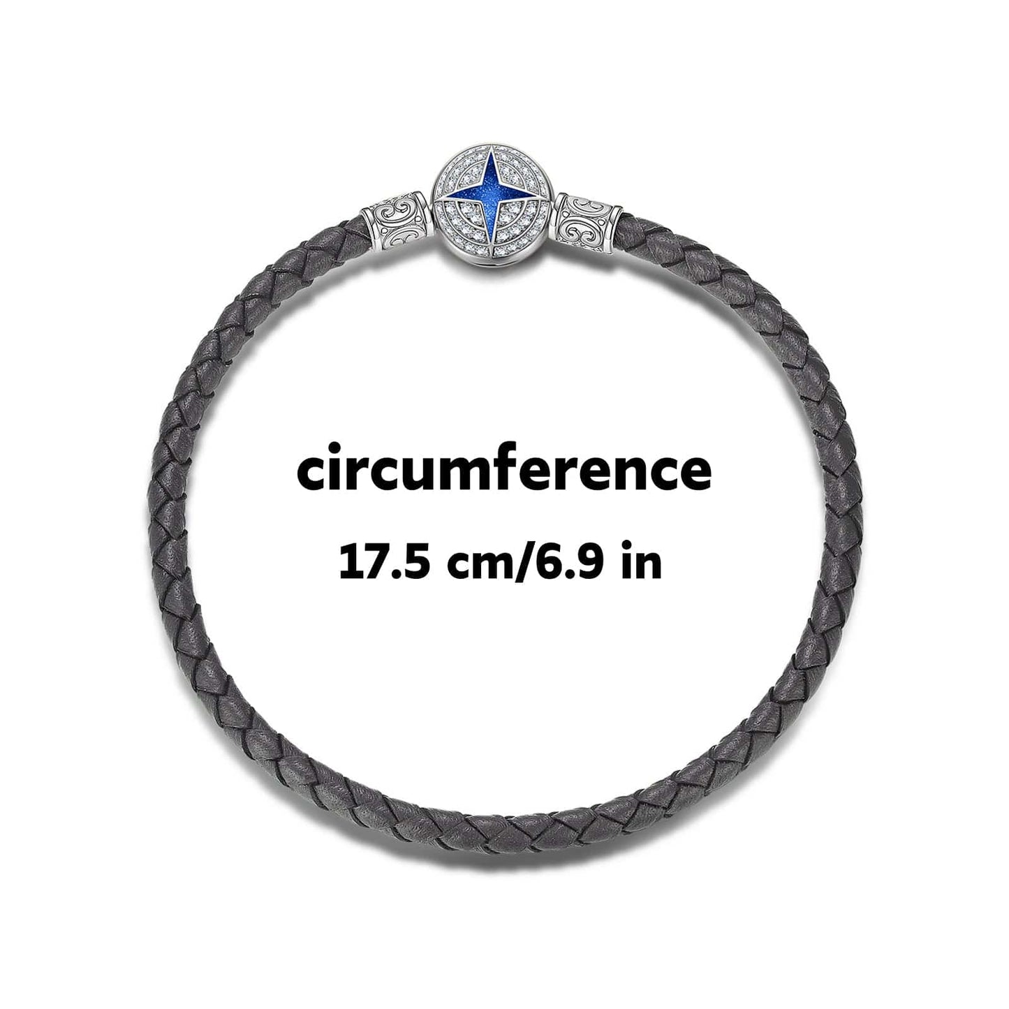 Sterling Silver Universal Polaris Grey Leather Bracelet With Enamel In White Gold Plated