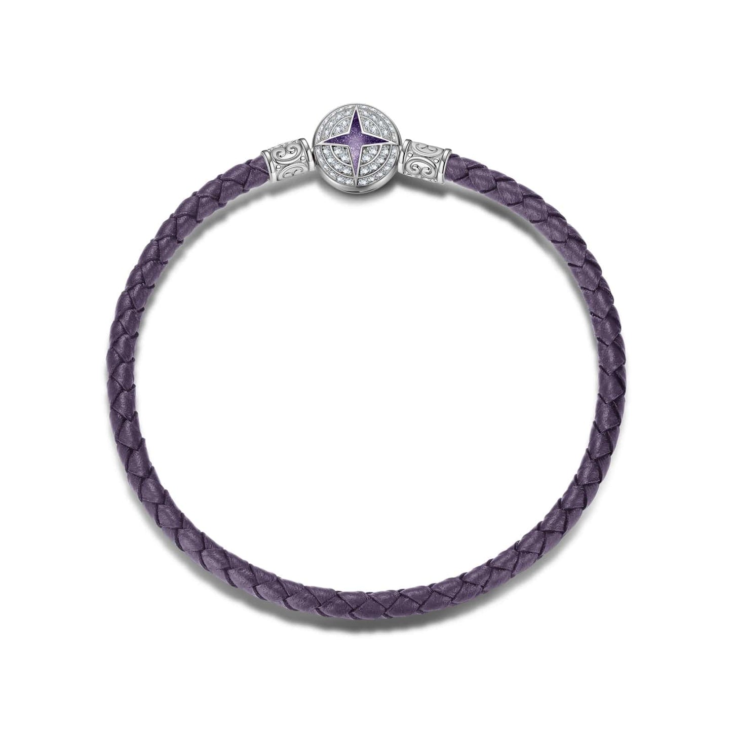 Sterling Silver Universal Polaris Purple Leather Bracelet With Enamel In White Gold Plated