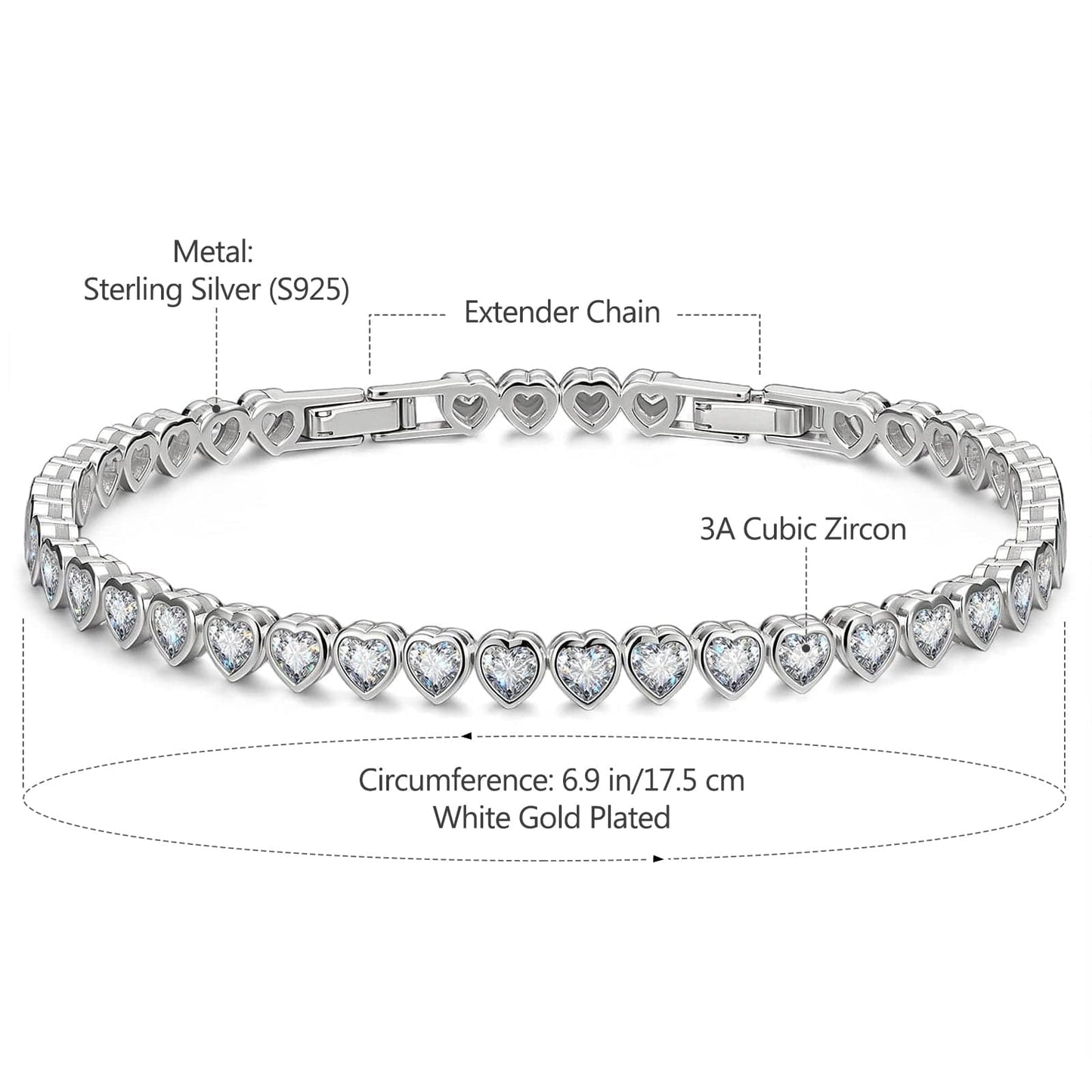 Sterling Silver Classic Tennis Bracelet with Extender Chain In White Gold Plated