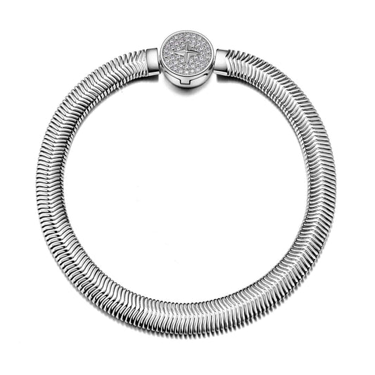 gona- Sterling Silver Rectangular Charms Bracelet Flat Snake Chain Bracelet In White Gold Plated