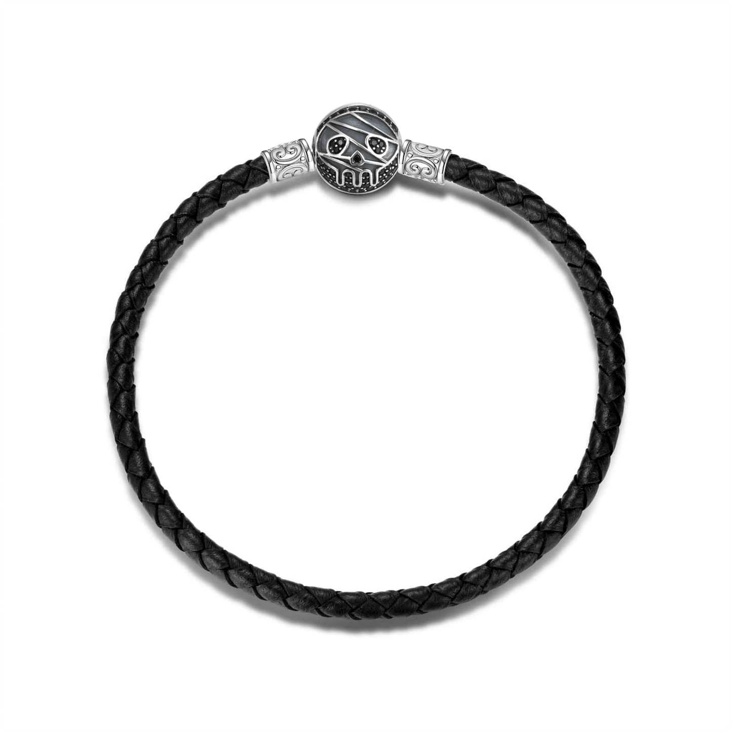 Blackened Solid 925 Sterling Silver Mummy Skull Clasp Halloween Charm Bracelet with Braided Black Leather