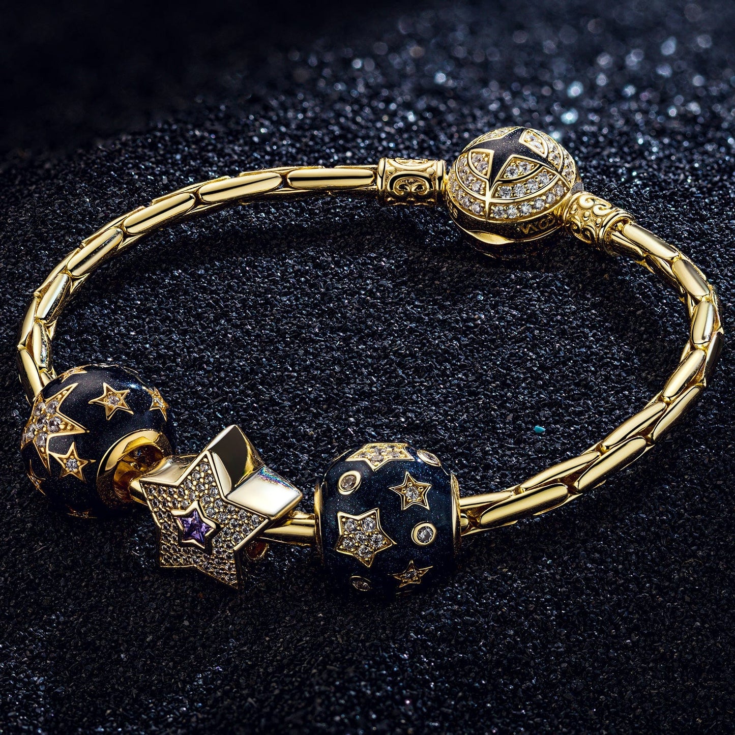 Starry Night Tarnish-resistant Silver Charms With Enamel In 14K Gold Plated