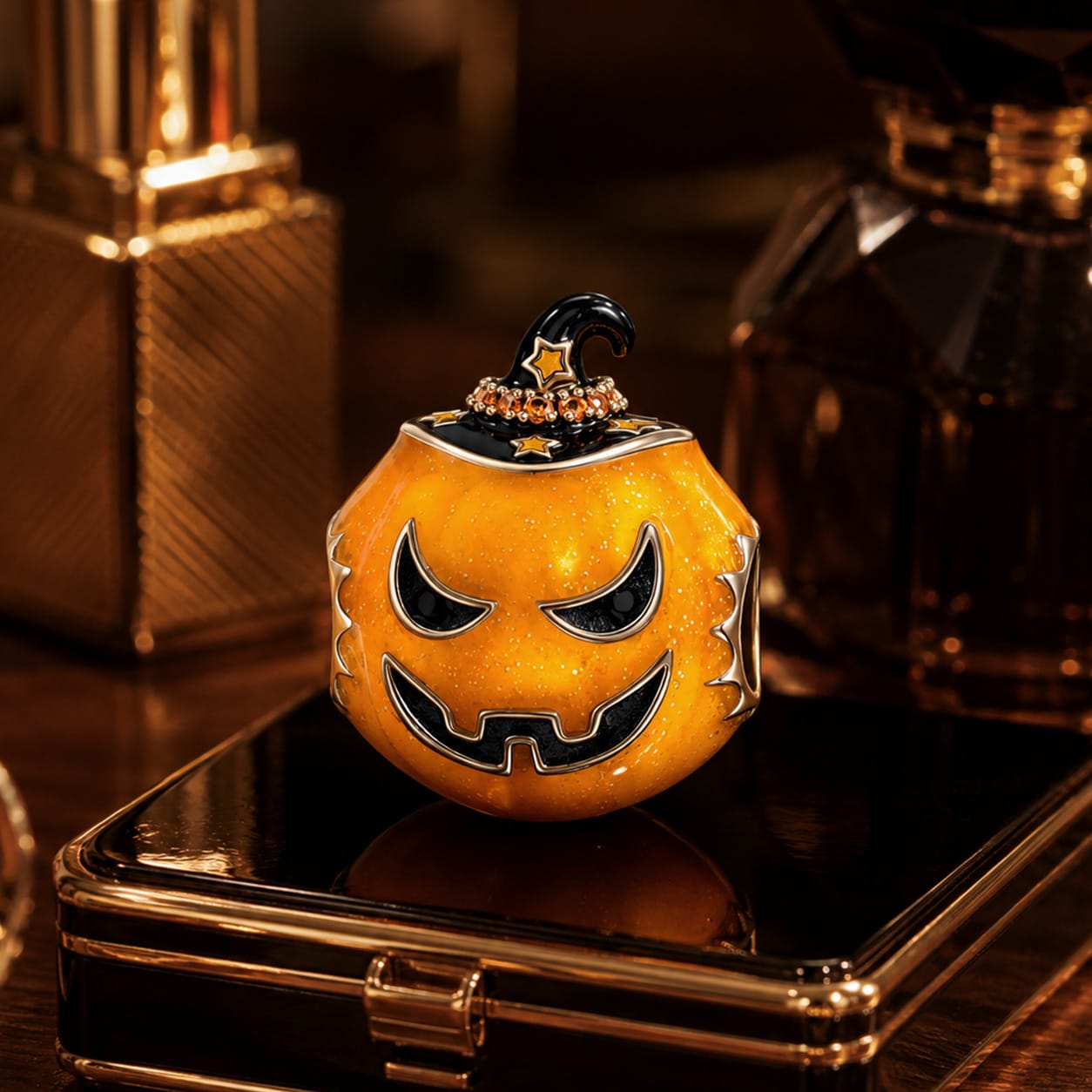 Luminous Orange Pumpkin Man Tarnish-resistant Silver Charms With Enamel In 14K Gold Plated