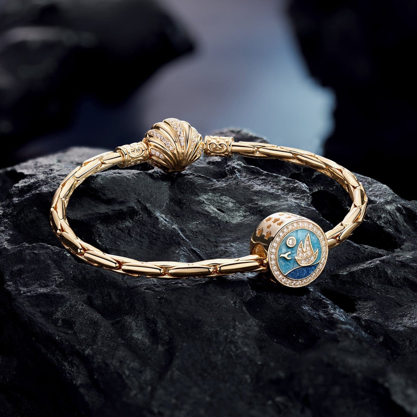 Sail Away Azure Tarnish-resistant Silver Charms With Enamel In 14K Gold Plated