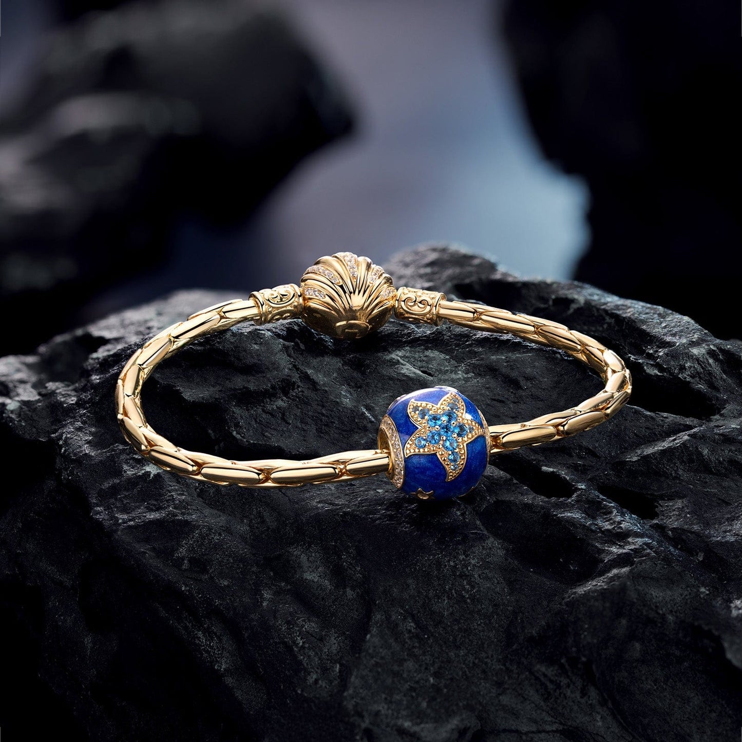 Cute Blue Starfish Tarnish-resistant Silver Charms With Enamel In 14K Gold Plated