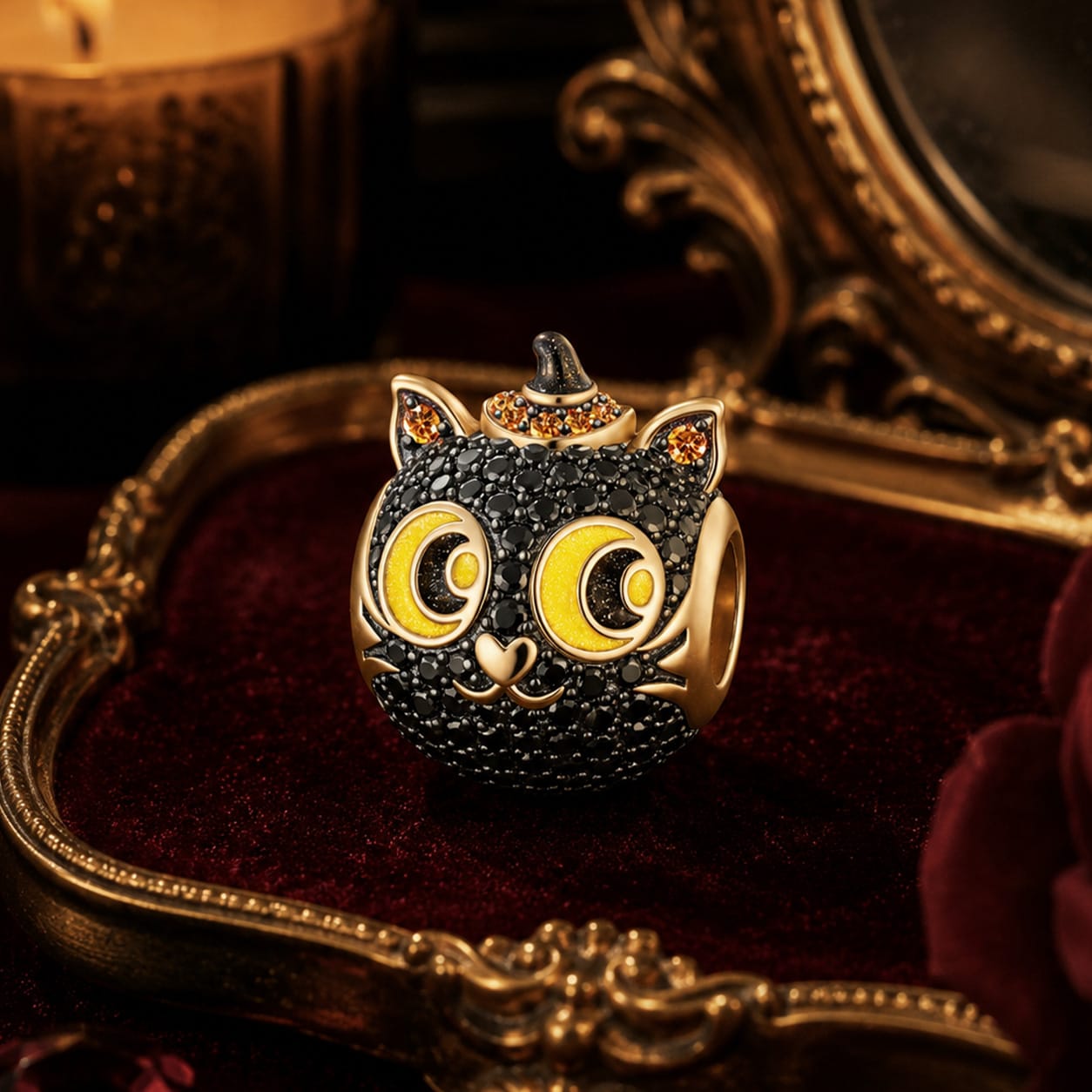 Halloween Black Cat Tarnish-resistant Silver Charms With Enamel In 14K Gold Plated