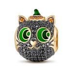 Luminous Halloween Black Cat Tarnish-resistant Silver Charms With Enamel In 14K Gold Plated