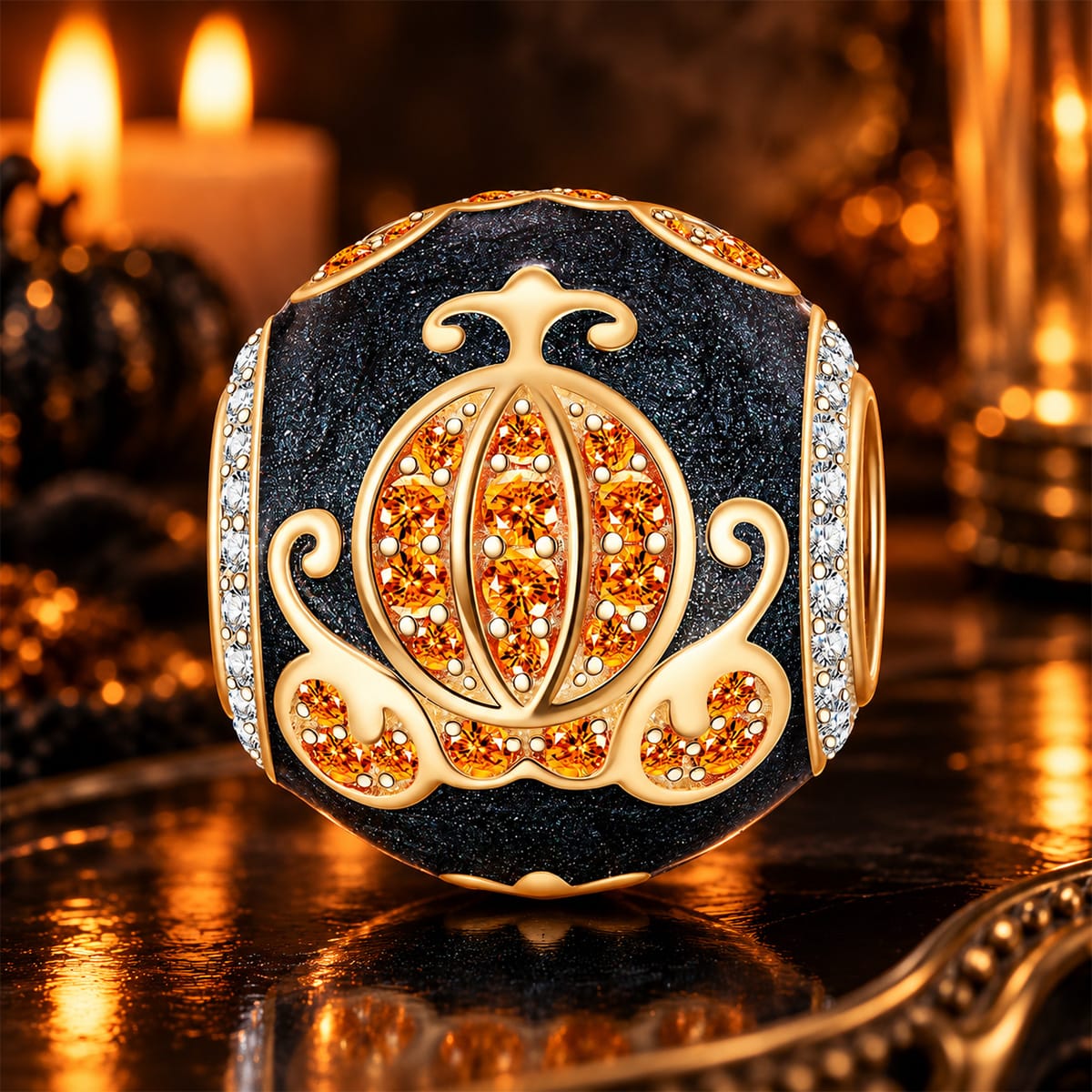 Pumpkin Carriage Tarnish-resistant Silver Charms With Enamel In 14K Gold Plated