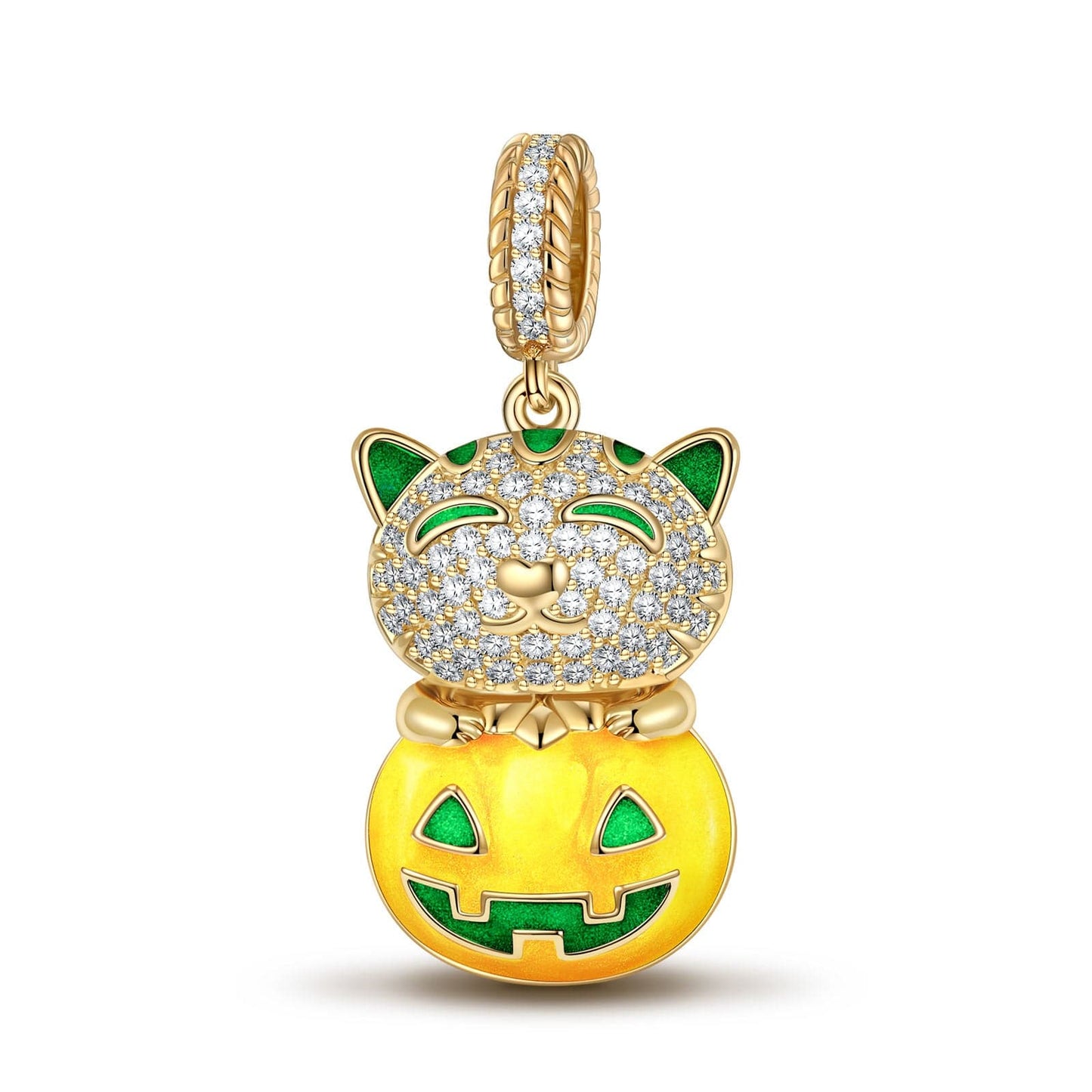 Luminous Cute Pumpkin Cat Tarnish-resistant Silver Dangle Charms With Enamel In 14K Gold Plated
