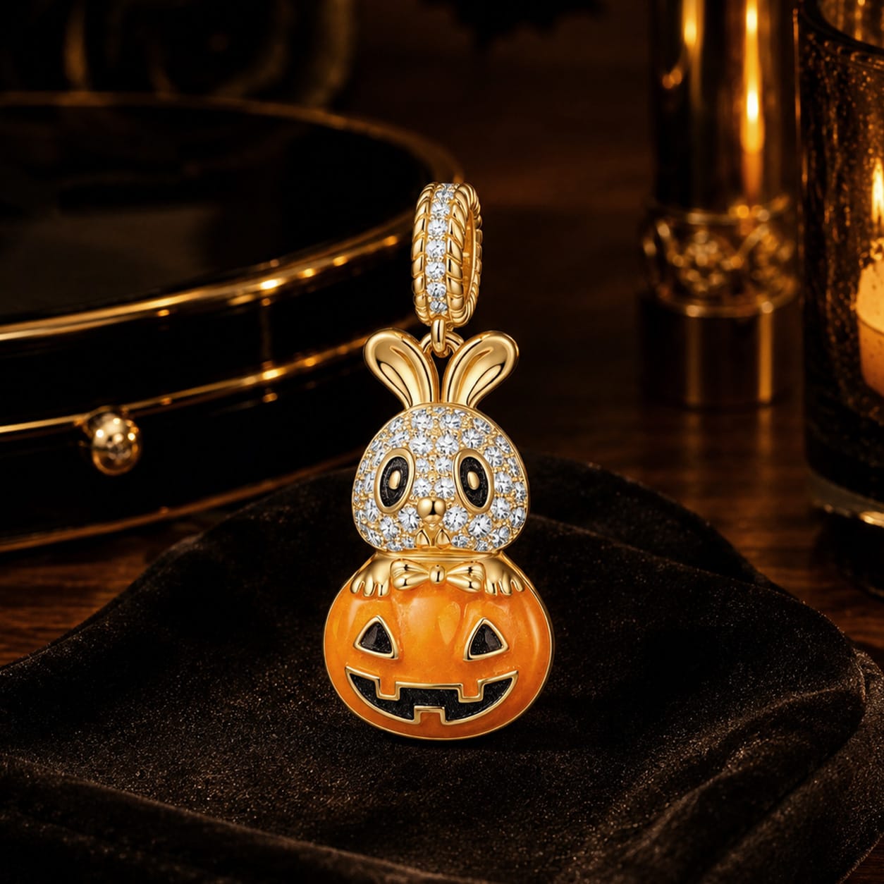 Luminous Cute Pumpkin Bunny Tarnish-resistant Silver Dangle Charms With Enamel In 14K Gold Plated