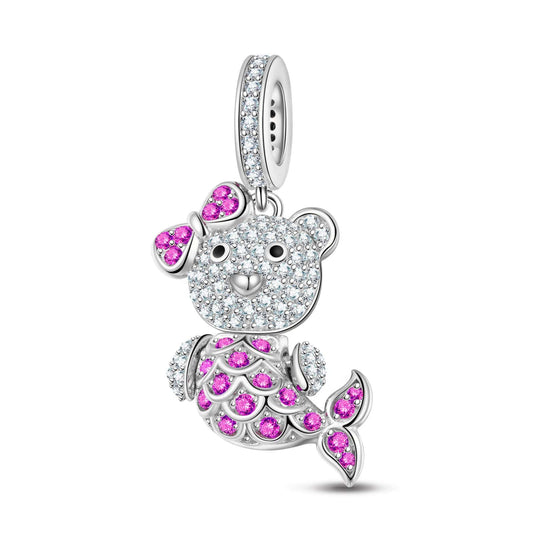 gon- Pink Mermaid Bear Tarnish-resistant Silver Dangle Charms With Enamel In White Gold Plated