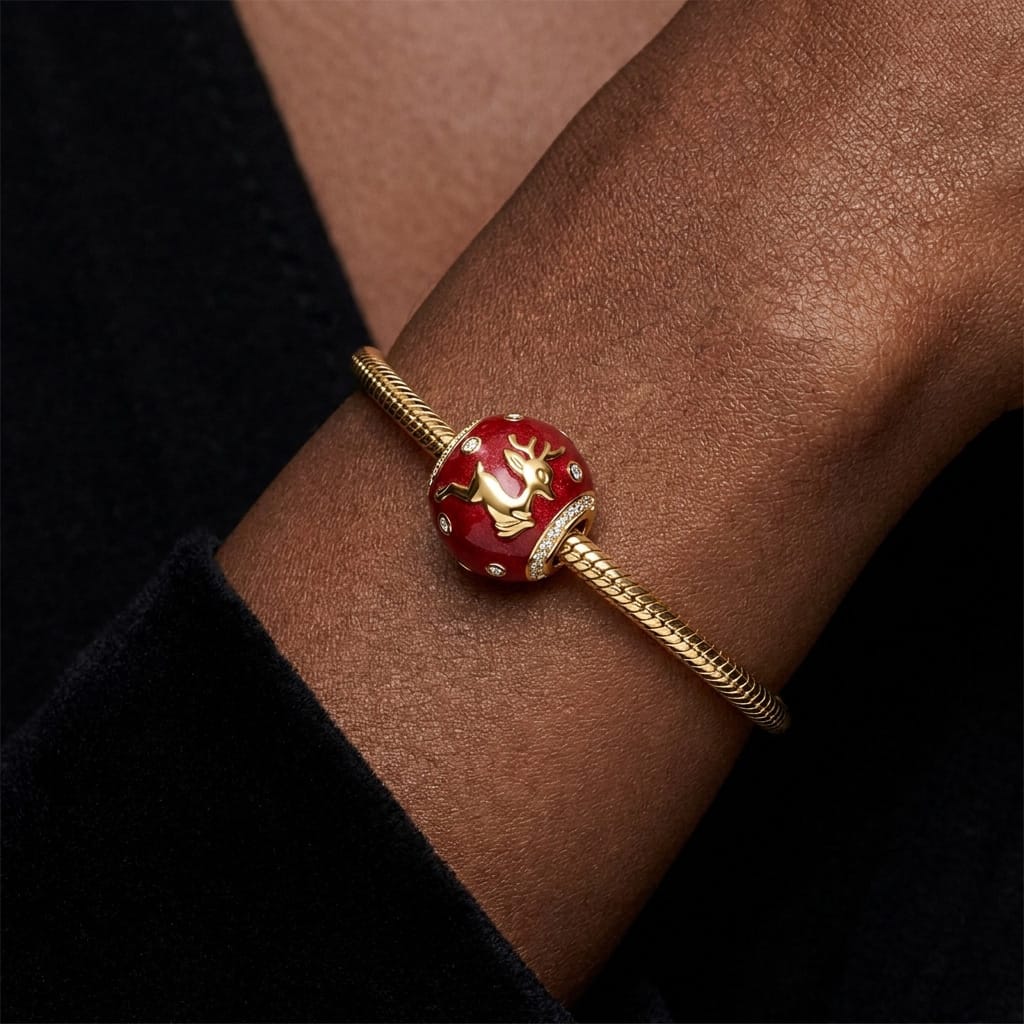 Reindeer Christmas Eve Tarnish-resistant Silver Charms With Enamel In 14K Gold Plated
