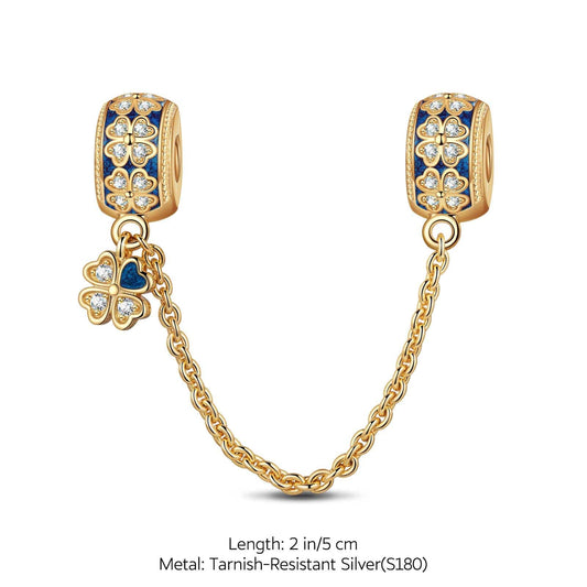 gon- Blue Four Leaf Clover Tarnish-resistant Silver Safety Chain With Enamel In 14K Gold Plated