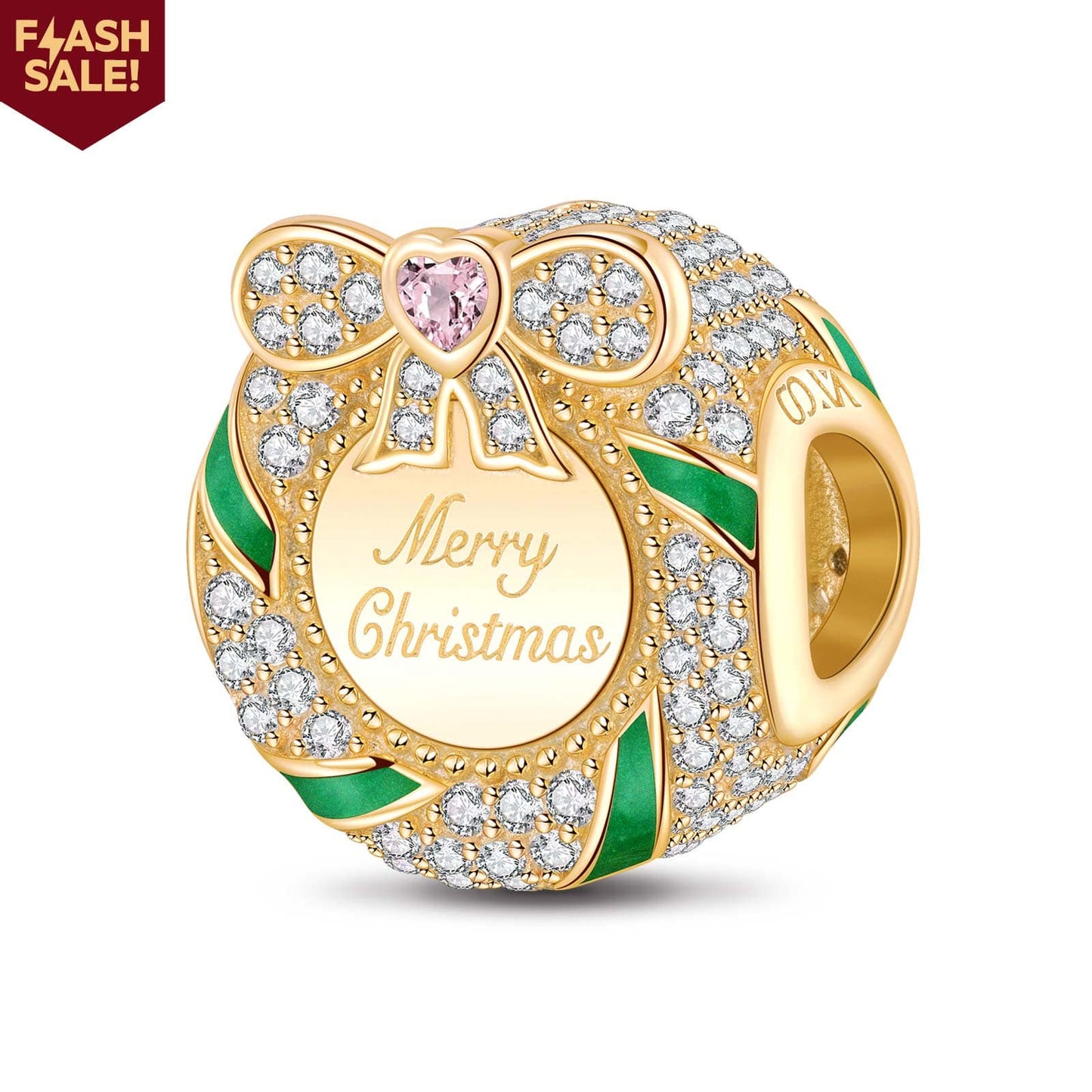 Merry Christmas Wreath Tarnish-resistant Silver Charms With Enamel In 14K Gold Plated