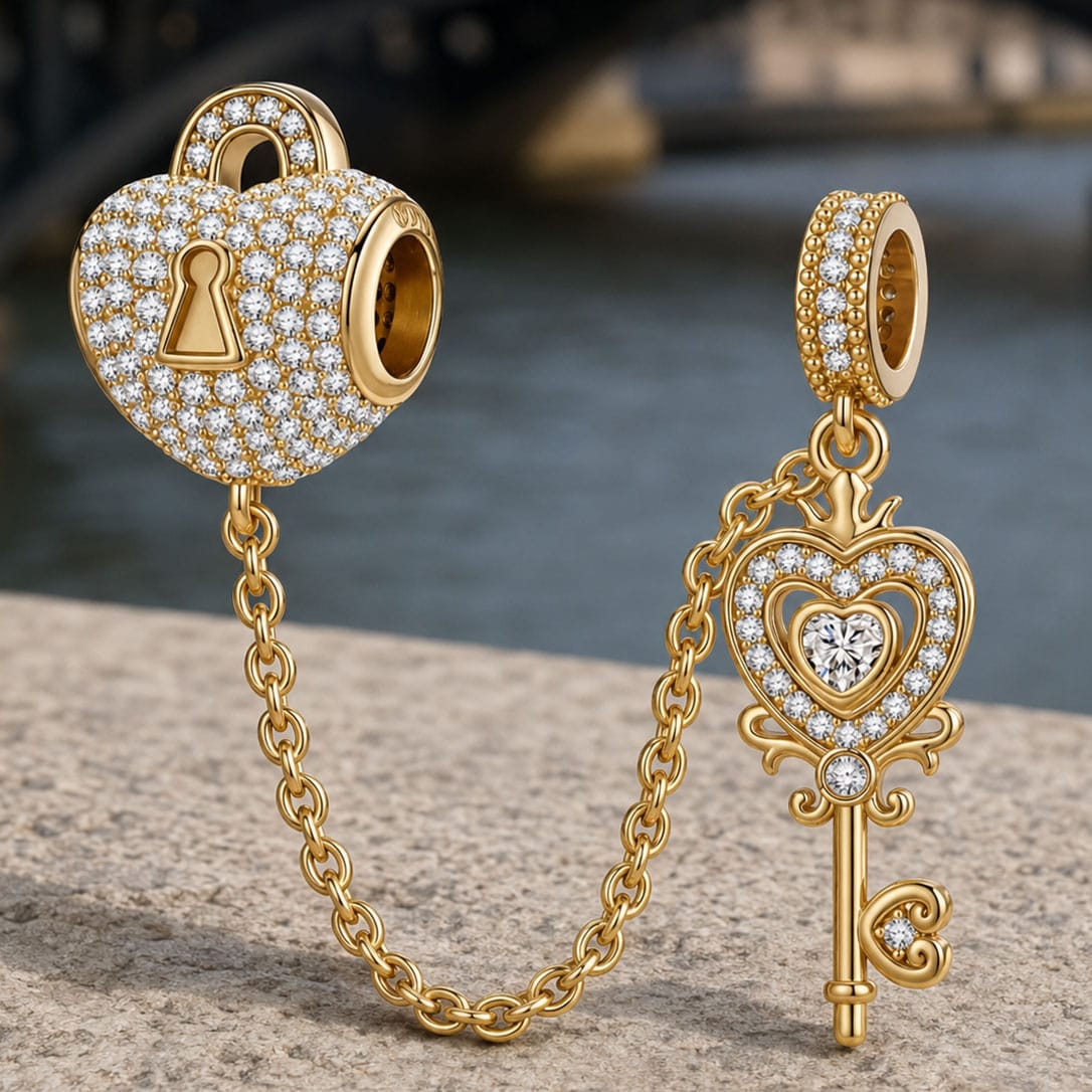 The Key To My Heart Tarnish-resistant Silver Dangle Charms In 14K Gold Plated