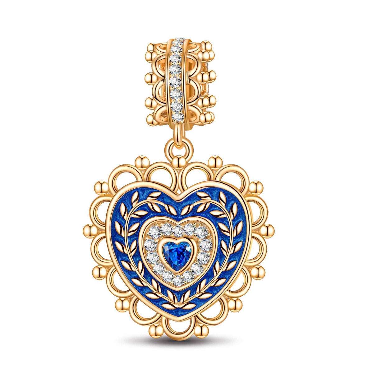 Ornate Lace Blue Enamel Heart Dangle Charm In Tarnish‑Resistant Silver