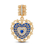 Ornate Lace Blue Enamel Heart Dangle Charm In Tarnish‑Resistant Silver