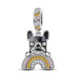 Rainbow French BullDog Tarnish-resistant Silver Animal Dangle Charms With Enamel In White Gold Plated