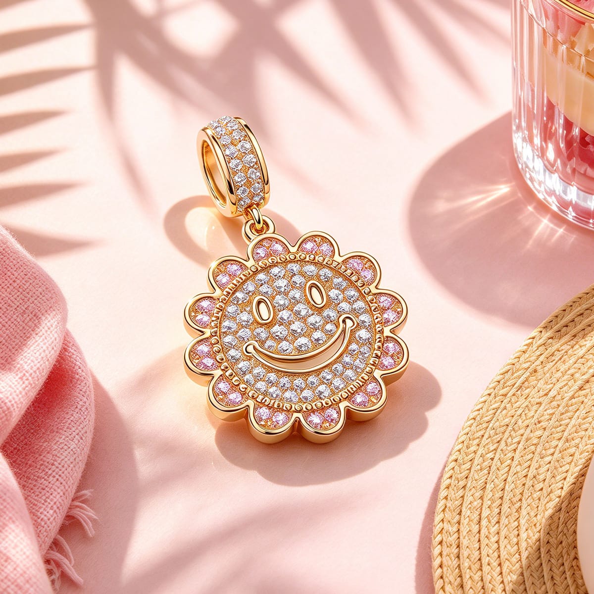 Smiling Sunflower Emoji Tarnish-resistant Silver Dangle Charms In 14K Gold Plated