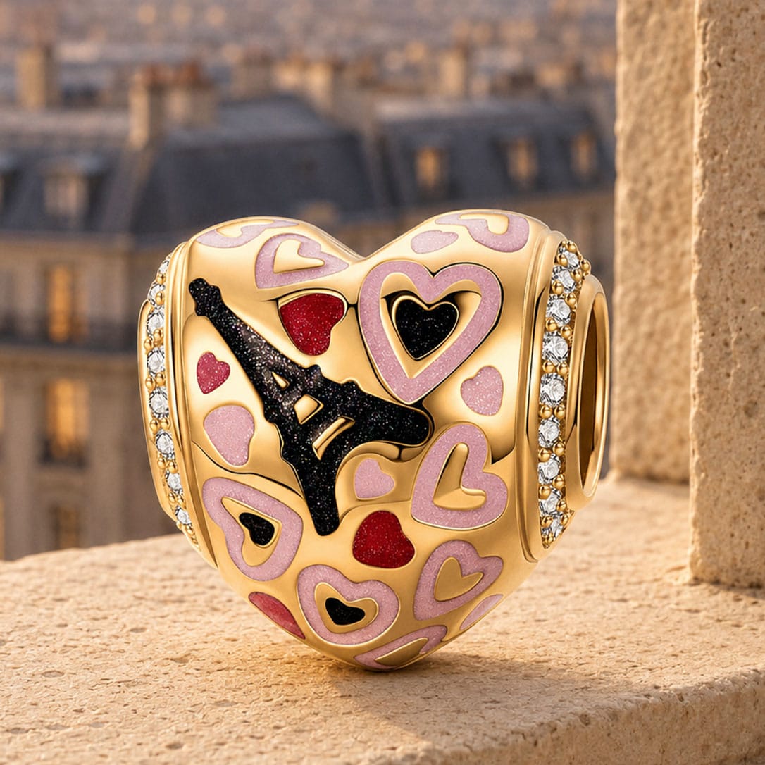 Romantic Eiffel Tarnish-resistant Silver Charms With Enamel In 14K Gold Plated