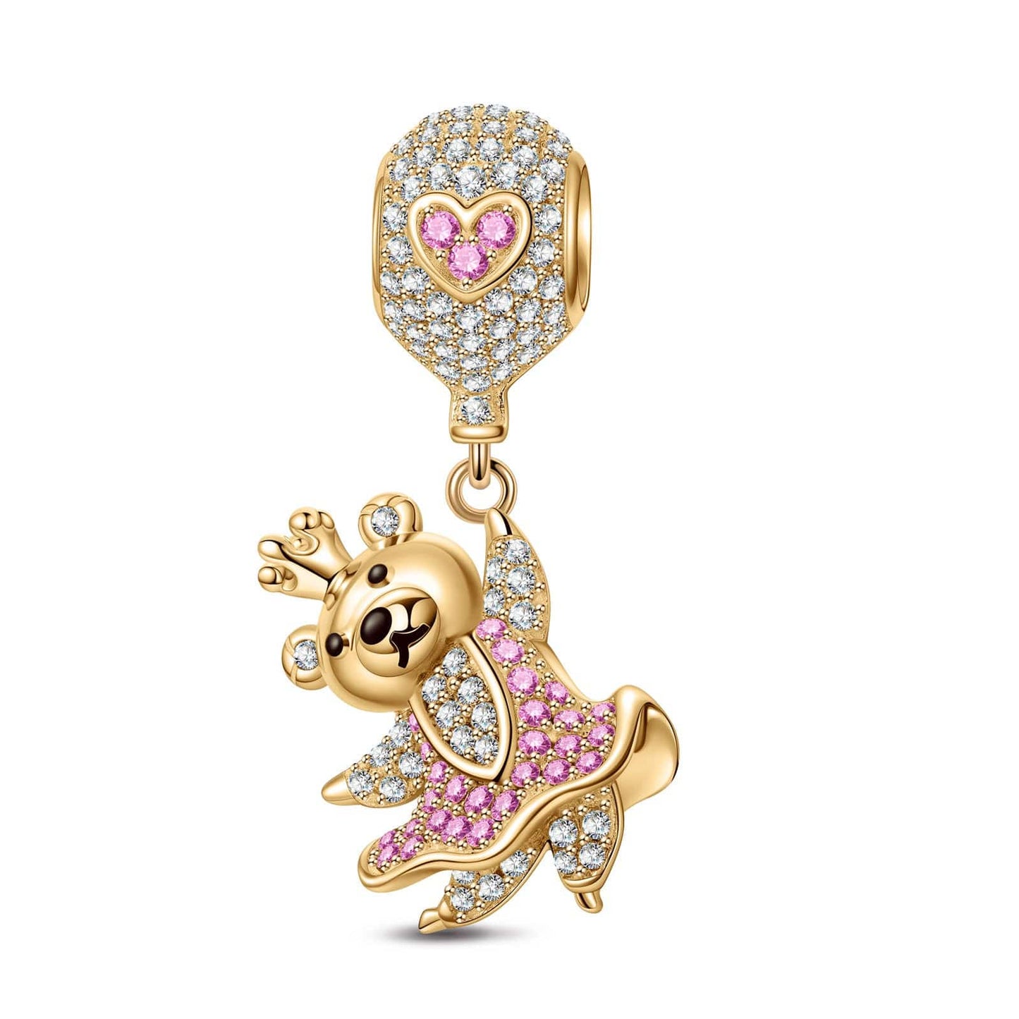 Pink Princess Bear Tarnish-resistant Silver Dangle Charms With Enamel In 14K Gold Plated
