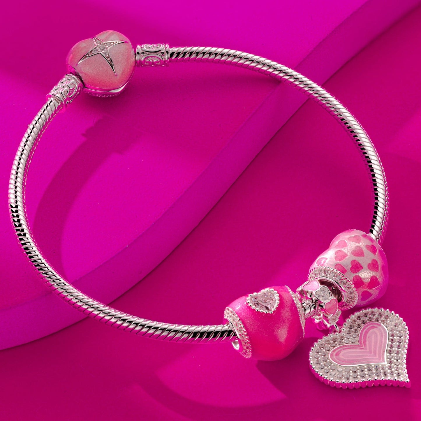 Pink Bouncing Love Tarnish-resistant Silver Dangle Charms With Enamel In White Gold Plated