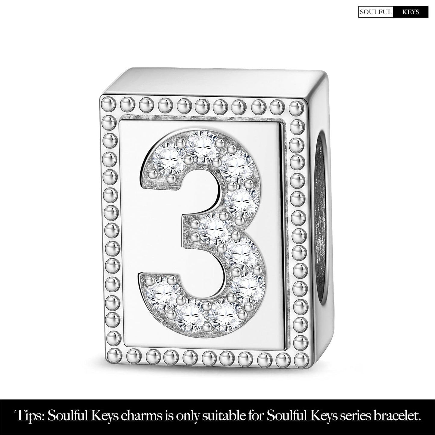 Number Three Tarnish-resistant Silver Rectangular Charms In White Gold Plated