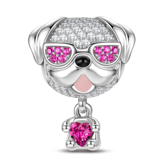 gon- Bulldog in Sunglasses Tarnish-resistant Silver Animal Charms With Enamel In White Gold Plated - Heartful Hugs Collection