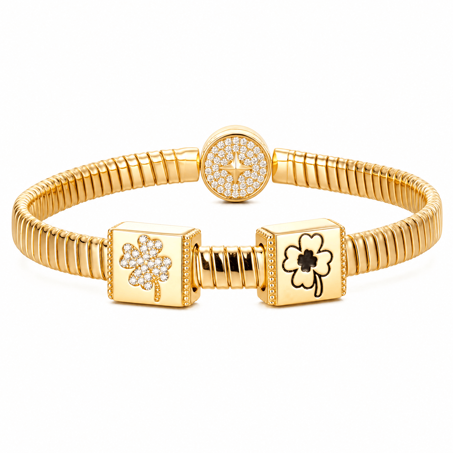 A Four-Leaf Clover Tarnish-resistant Silver Rectangular Charms In 14K Gold Plated