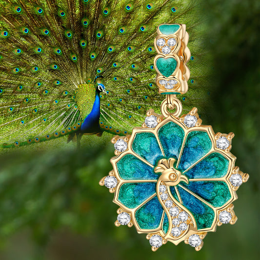 gon- Peacock Tarnish-resistant Silver Animal Dangle Charms With Enamel In 14K Gold Plated