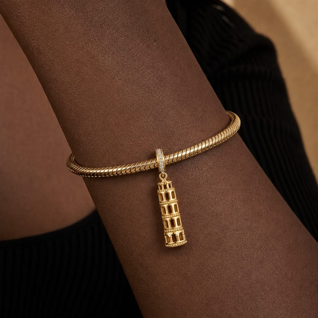 Leaning Tower of Pisa Tarnish-resistant Silver Dangle Charms In 14K Gold Plated