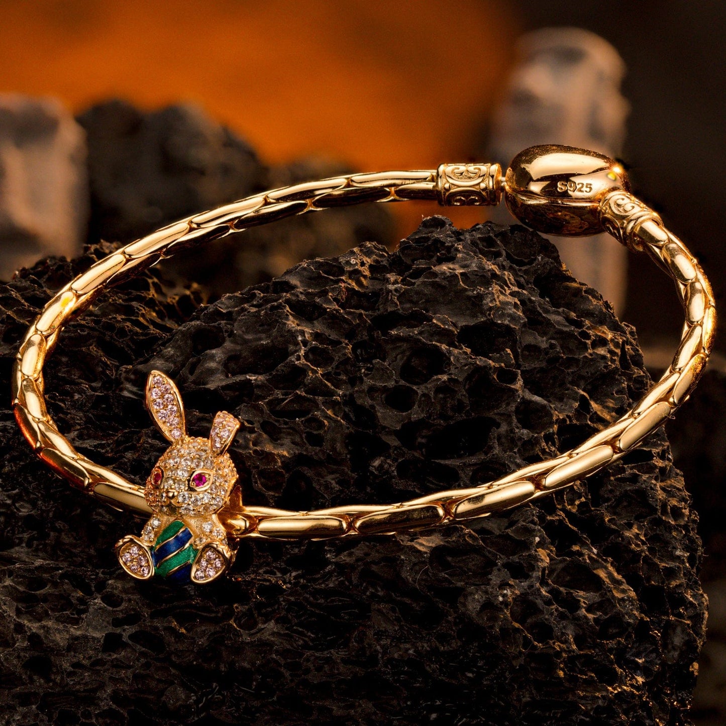 Shinning Easter Bunny Tarnish-resistant Silver Charms With Enamel In 14K Gold Plated