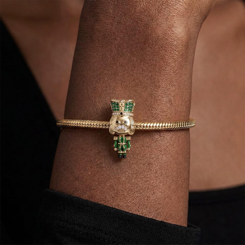 Green Nutcrackers Tarnish-resistant Silver Charms With Enamel In 14K Gold Plated