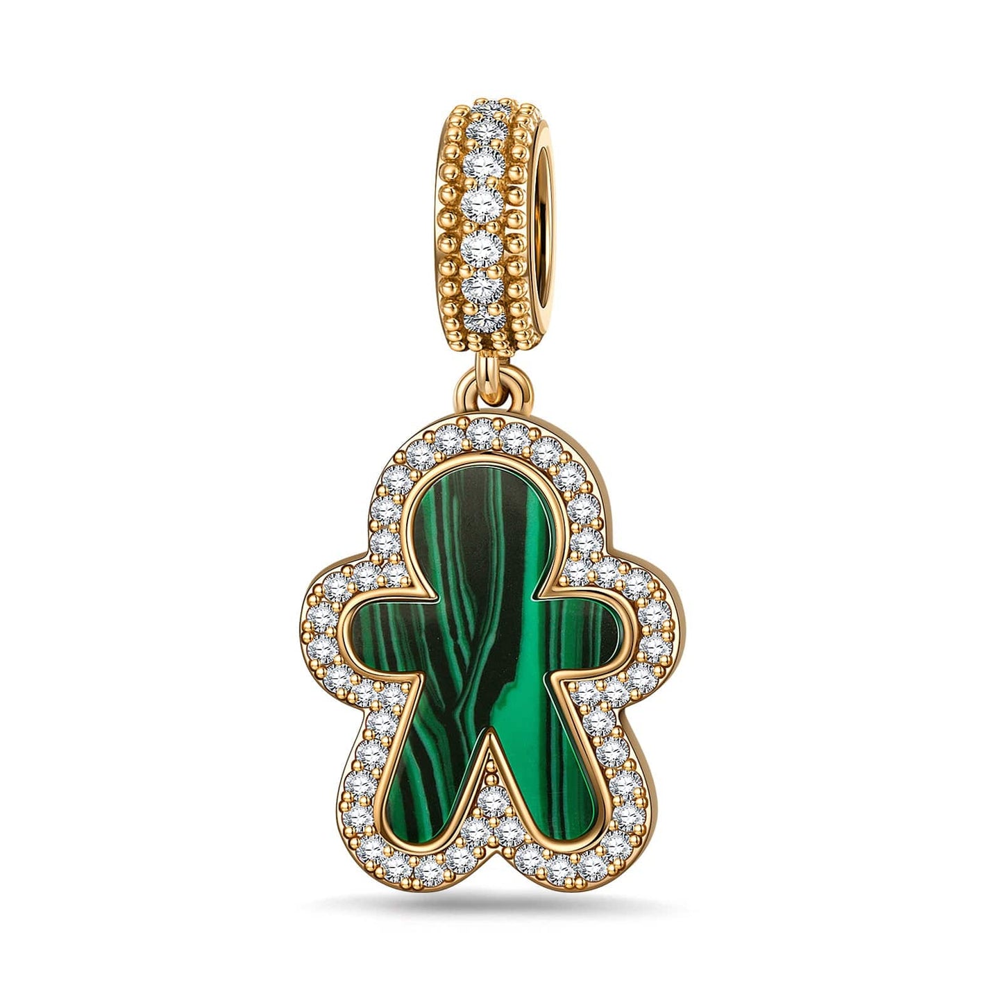 Emerald Gingerbread Man Tarnish-resistant Silver Dangle Charms with Malachite In 14K Gold Plated