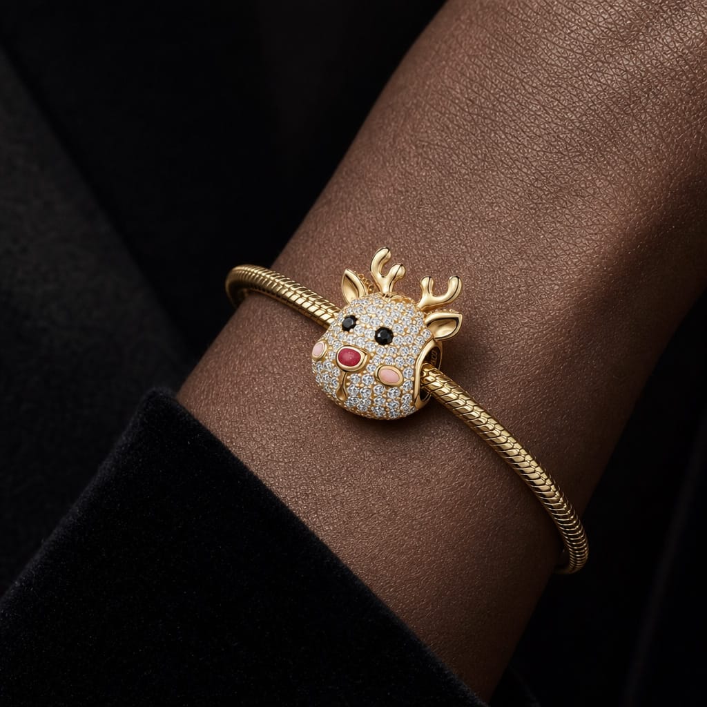 Adorable Reindeer Tarnish-resistant Silver Charms With Enamel In 14K Gold Plated