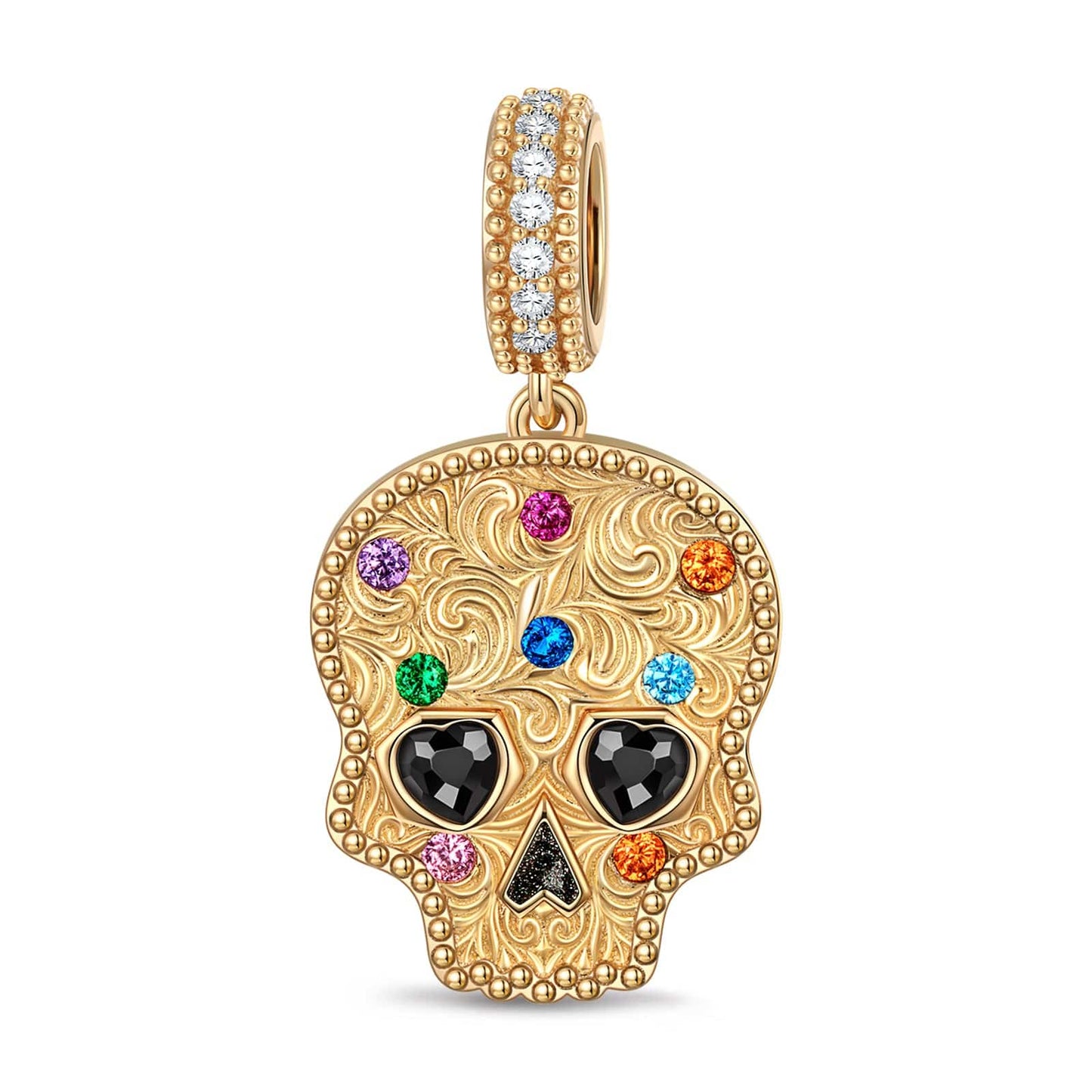 Heart-Eyed Skull Tarnish-resistant Silver Dangle Charms With Enamel In 14K Gold Plated